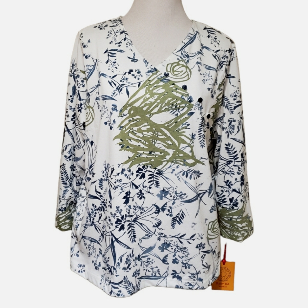 Ruby Rd. Knit Top Size X-large Faux Wrap Floral 3/4 Length Sleeves Blue Green
